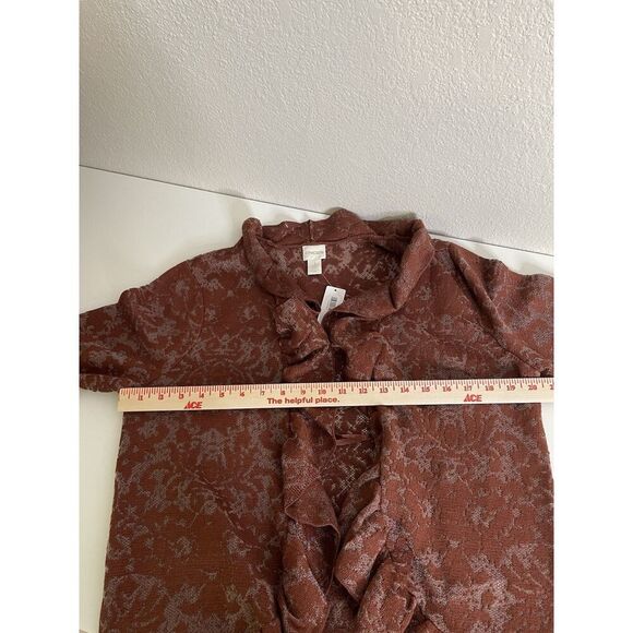 Chico's Size 1 S Burnout Cardigan Rich Mahogany Knit Ruffle Open Front NEW $109 - Picture 10 of 12